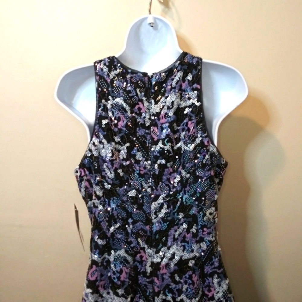 Aidan By Aidan Mattox Halter Neck Style Blue/Multi Sequin Covered Cocktail Dress - Picture 9 of 14